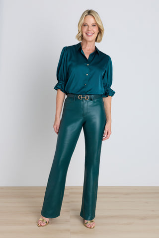 Cindy Ruffle Sleeve Blouse in Deep Teal styled view showing the ruffle sleeve and relaxed body, The Noli Shop