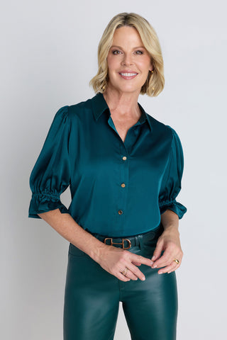 The Cindy Ruffle Sleeve Blouse in Deep Teal worn by model, front view, deep teal blouse with short ruffle sleeves, The Noli Shop