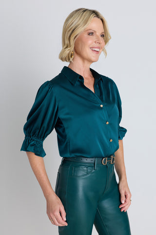 Detail of the Cindy Ruffle Sleeve Blouse in Deep Teal showing the ruffle sleeve, The Noli Shop