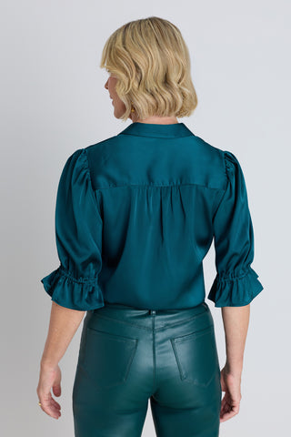 Cindy Ruffle Sleeve Blouse in Deep Teal worn by model, alternate angle, The Noli Shop