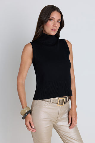 Detail of the Ramona Cashmere Sweater in black showing the ribbed neckline and armholes