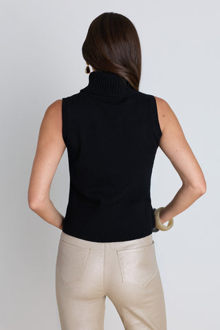 Back view of the Ramona Cashmere Sleeveless Sweater - Black showing the clean fit