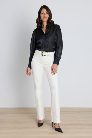 Colette Blouse - Black styled view showing the statement sleeves and subtle sheen