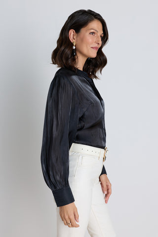 Detail of the Colette Blouse in black showing the wide cuffs and button front