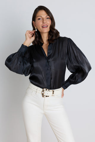 The Colette Blouse in black, a satin button-up with a high collar and statement cuffs