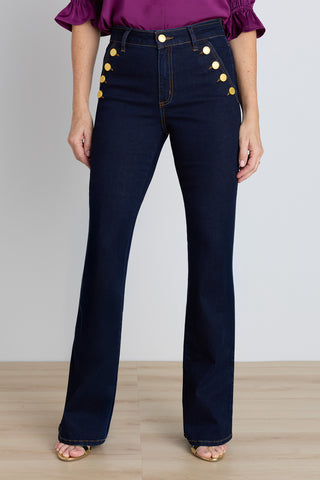 The Allegra Bootcut Jean in indigo, dark high-waisted stretch denim with gold button pocket accents