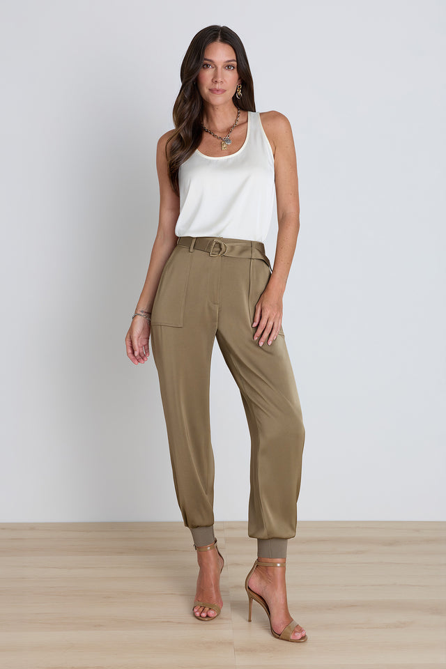Kay Silk Top - Pearl styled view showing the soft beige satin