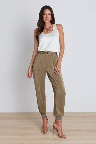Adrienne Satin Cargo Pant in Olive worn styled, fluid satin cargo, The Noli Shop