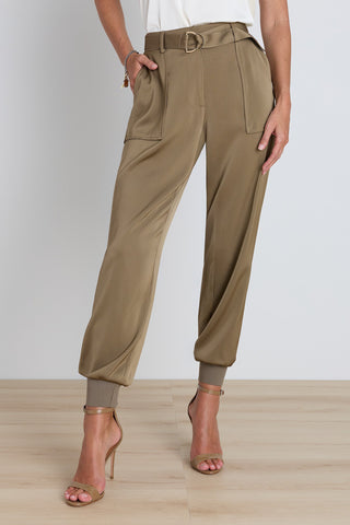 Adrienne Satin Cargo Pant in Olive, satin utility cargo pant, The Noli Shop