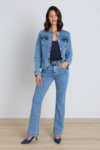 Juliette Denim Jacket - Atelier Blue styled view showing the cropped collarless cut