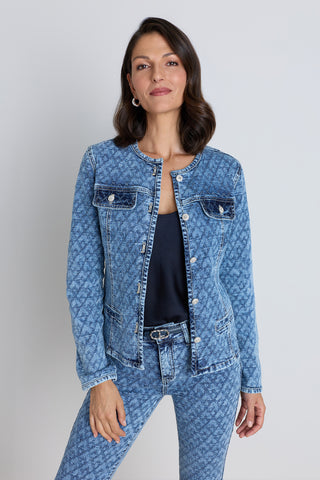 The Juliette Denim Jacket in atelier blue, collarless jacquard denim with a quilted diamond texture