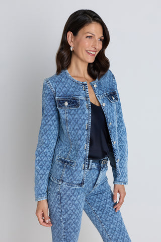 Detail of the Juliette Denim Jacket in atelier blue showing the jacquard weave and chest pockets
