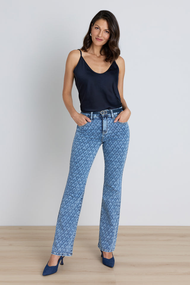 Aria Flare Jean - Atelier Blue styled view showing the jacquard denim texture