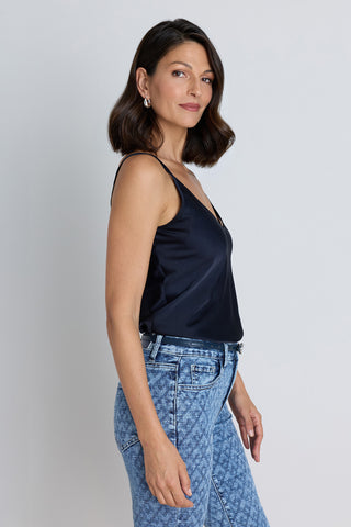 Yara Silk Camisole in Oxford Navy on model, alternate view