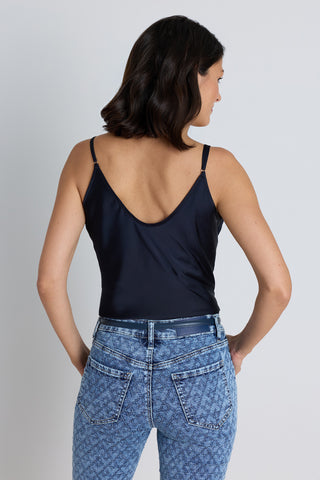 Yara Silk Camisole in Oxford Navy on model, detail view