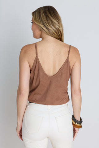 Back view of the Yara Suede Camisole - Chestnut showing the delicate straps