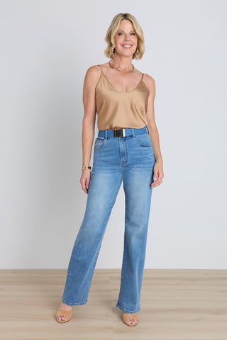 Marilyn Straight Leg Jean - Medium Blue styled view showing the clean straight silhouette