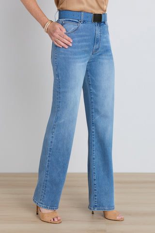 Detail of the Marilyn Straight Leg Jean in medium blue showing the five-pocket styling