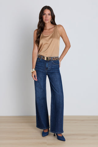 Kay Silk Top - Mocha styled view showing the smooth satin drape