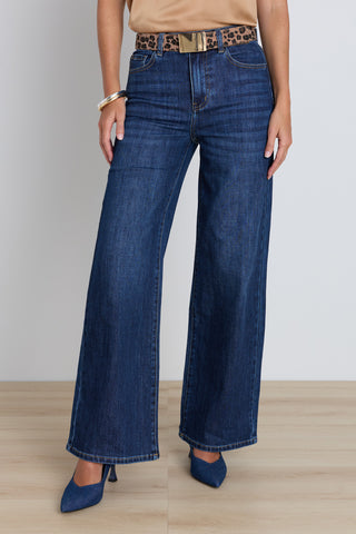 The Celeste Slim Palazzo Jean in dark wash, high-waisted wide-leg denim with contrast stitching