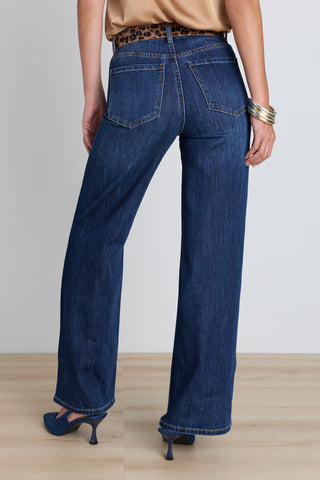 Back view of the Celeste Slim Palazzo Jean - Dark Wash showing the high-rise silhouette