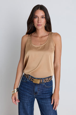 The Kay Silk Top in mocha, a sleeveless satin top with a round neckline