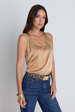 Detail of the Kay Silk Top in mocha showing the neckline and fluid fabric