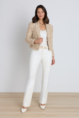 Gabrielle Tweed Blazer - Gold Multi styled view showing the cropped double-breasted cut