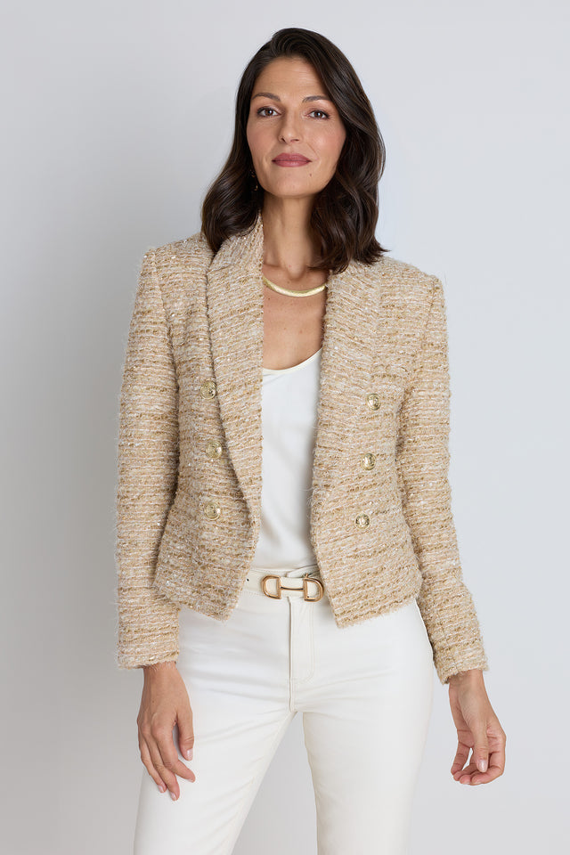 The Gabrielle Double Breasted Tweed Blazer in gold multi, radiant metallic tweed with gold buttons