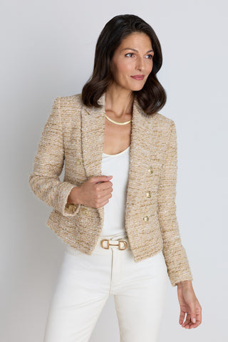 The Gabrielle Double Breasted Tweed Blazer in gold multi shown in a styled outfit view