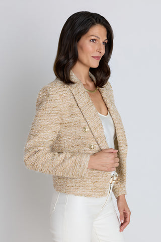The Gabrielle Tweed Blazer in gold multi shown styled with coordinating pieces
