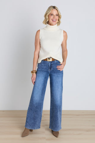 Celeste Slim Palazzo Jean - Medium Blue styled view showing the palazzo silhouette