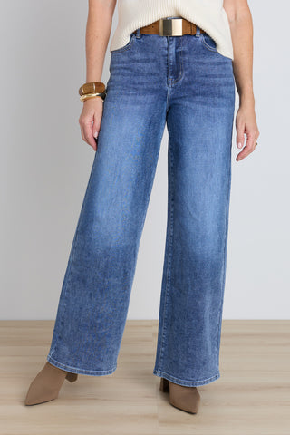 The Celeste Slim Palazzo Jean in medium blue, high-waisted wide-leg stretch denim
