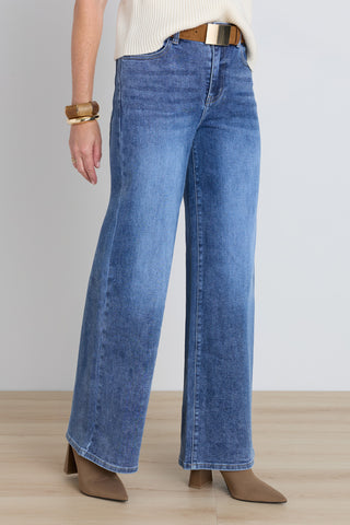 Detail of the Celeste Slim Palazzo Jean in medium blue showing the five-pocket styling