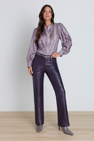 Colette Blouse in Lavender front view showing the liquid satin finish and button front