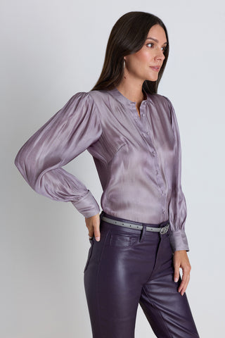 Detail of the Colette Blouse in Lavender showing the high collar and deep cuffs