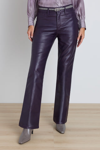 The Aria Coated Flare Jean in Midnight Plum, high-rise coated denim with a leg-lengthening flare, styled with the Colette Blouse in Lavender