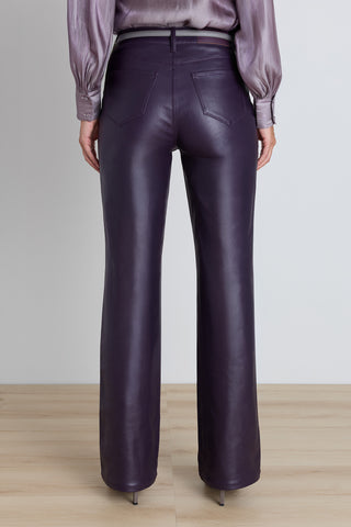 Back view of the Aria Coated Flare Jean in Midnight Plum showing the high-rise fit