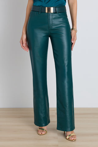 The Aria Coated Flare Jean in Deep Teal, high-rise coated denim with a leg-lengthening flare, styled with the Rina Tie Neck Blouse in Deep Teal, The Noli Shop