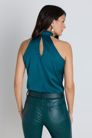 Rina Tie Neck Blouse in Deep Teal worn by model, alternate angle showing the keyhole back, The Noli Shop