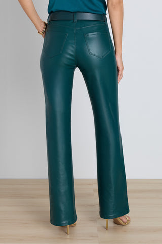 Back view of the Aria Coated Flare Jean in Deep Teal showing the high-rise fit, The Noli Shop
