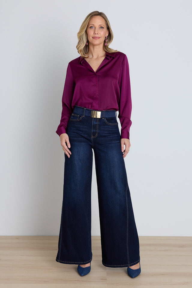Merideth Wide-Leg Jean in Indigo worn styled, full wide leg jean, The Noli Shop
