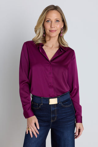 Ana Silk Blouse in Mulberry, berry silk blouse with fluid drape, The Noli Shop