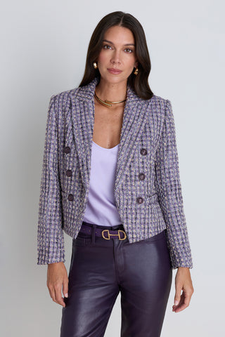 The Gabrielle Double Breasted Tweed Blazer in Lavender Multi, a tailored tweed blazer with gold dome buttons, worn by a model