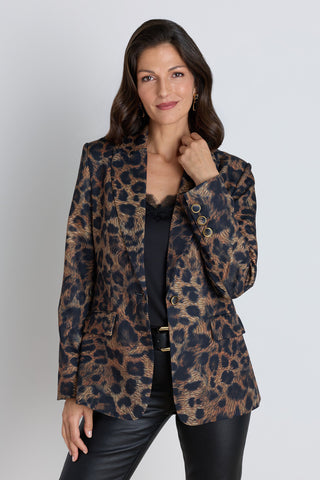 Cheryl Single Breasted Blazer in Leopard worn by model, front view, leopard print blazer, The Noli Shop