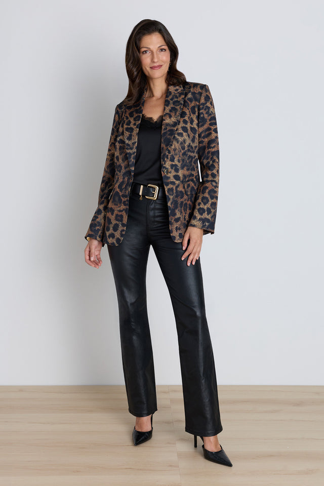 Cheryl Single Breasted Blazer in Leopard worn by model, tailored fit detail, The Noli Shop