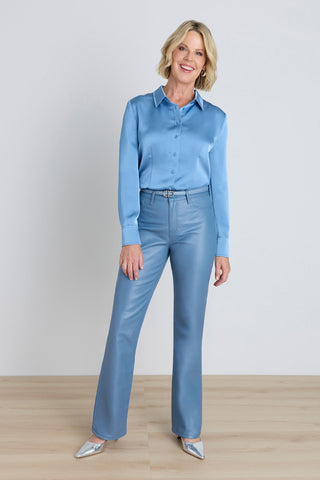 Paulina Silk Blouse - Coastal Blue styled view showing the smooth silk drape