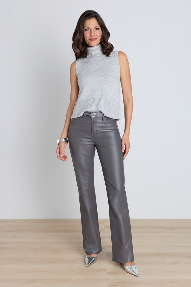 Aria Coated Flare Jean in Grey Chateau worn styled, grey coated flare, The Noli Shop