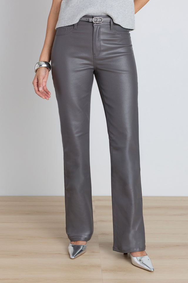 Aria Coated Flare Jean in Grey Chateau, smoky grey coated flare denim, The Noli Shop