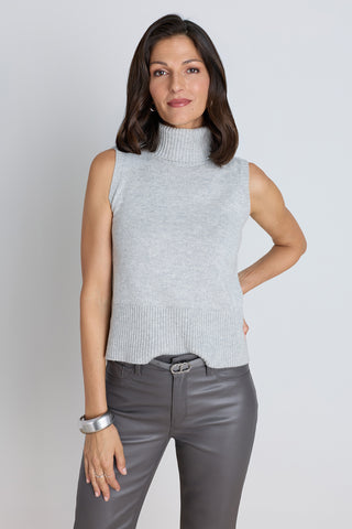 The Ramona Cashmere Sleeveless Sweater in mist grey, a ribbed cashmere turtleneck shell